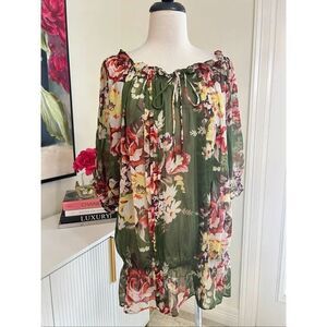 Ultra Pink Women's Floral Ruffled Tie-Neck Pullover Blouse Multicolor Large